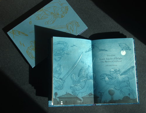 'The Lonely Impulse of Delight: One Reader's Childhood' Dana Gioia, Designed, printed and published by Jonathan Clark at Artichoke Editions. Etchings by Kay Bradner